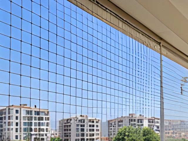 Apartman balkonunun korkuluktan tavana kadar siyah ince fileyle kapatıldığı, dışarıda yeni konutların göründüğü balkon