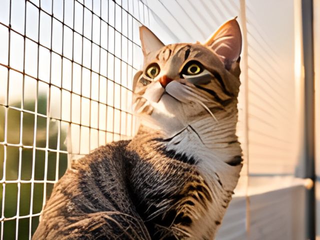 Gün ışığında balkona gerilmiş kedi filesinin önünde oturan tekir kedi