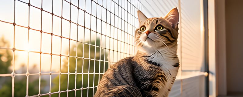 Gün ışığında balkona gerilmiş kedi filesinin önünde oturan tekir kedi