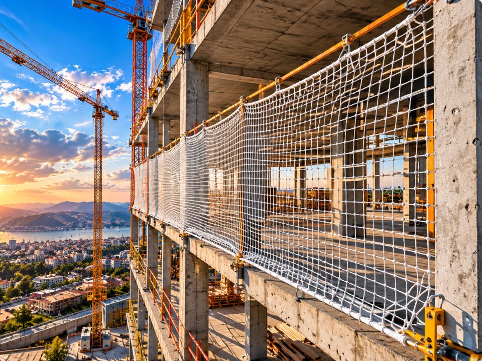Güneş ışığı altında bina kenarı boyunca gergin duran beyaz güvenlik filesi